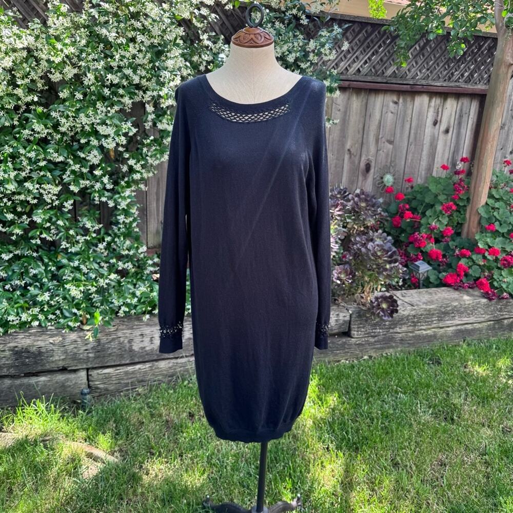 Roxy Women's Black Sweater Knit Dress Crochet And Metal Hardwear Details Size 10